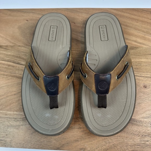 New Mens Sperry Baitfish Leather Casual Slip On Sandals Thong Flip Flops Sz 7 M - Picture 1 of 8